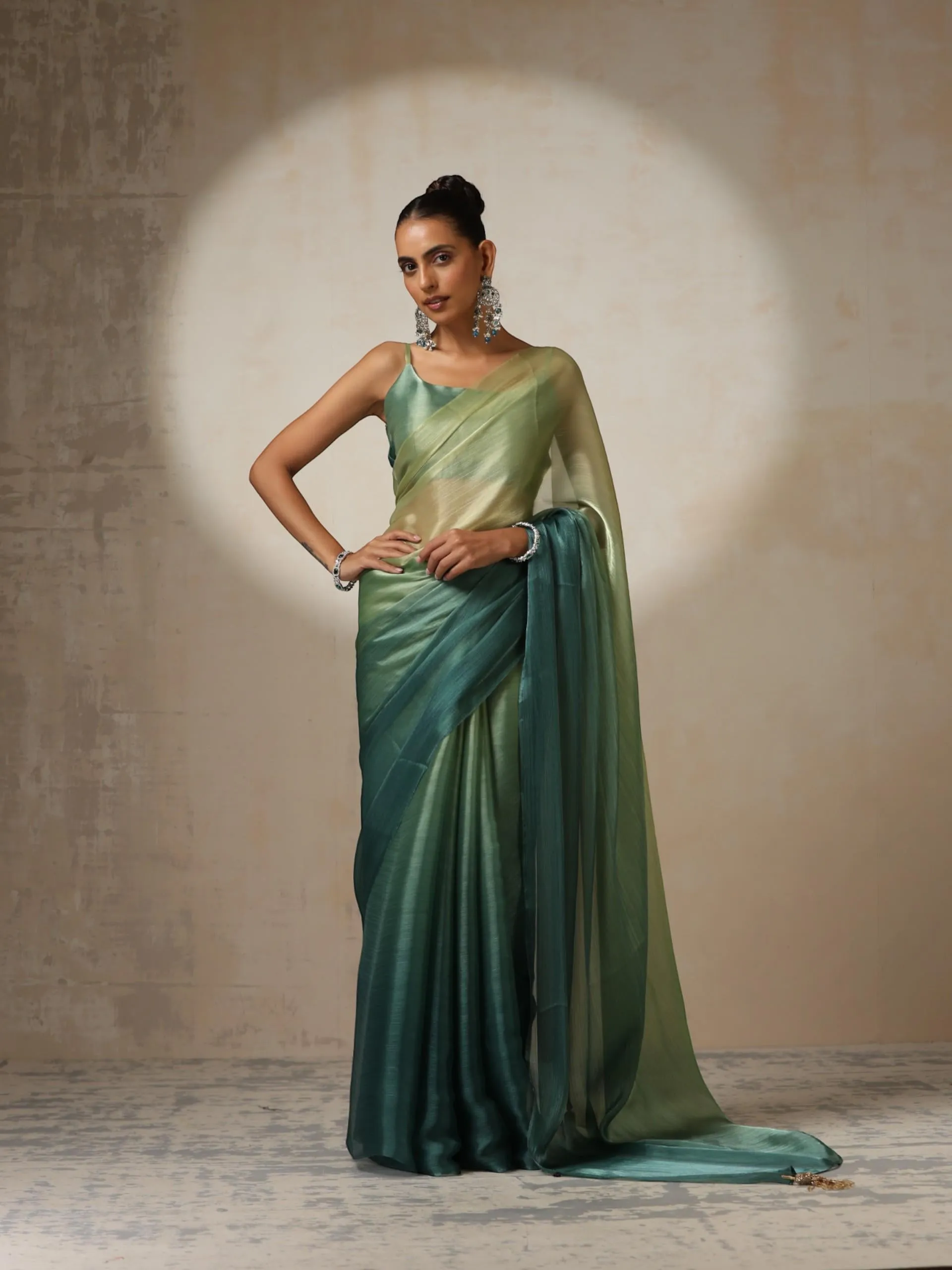 Offbeat Green Ombre Organza Saree with Pendants and Blouse Fabric