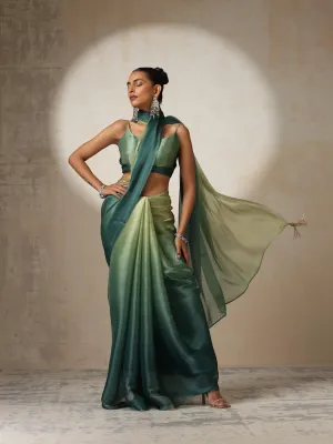 Offbeat Green Ombre Organza Saree with Pendants and Blouse Fabric