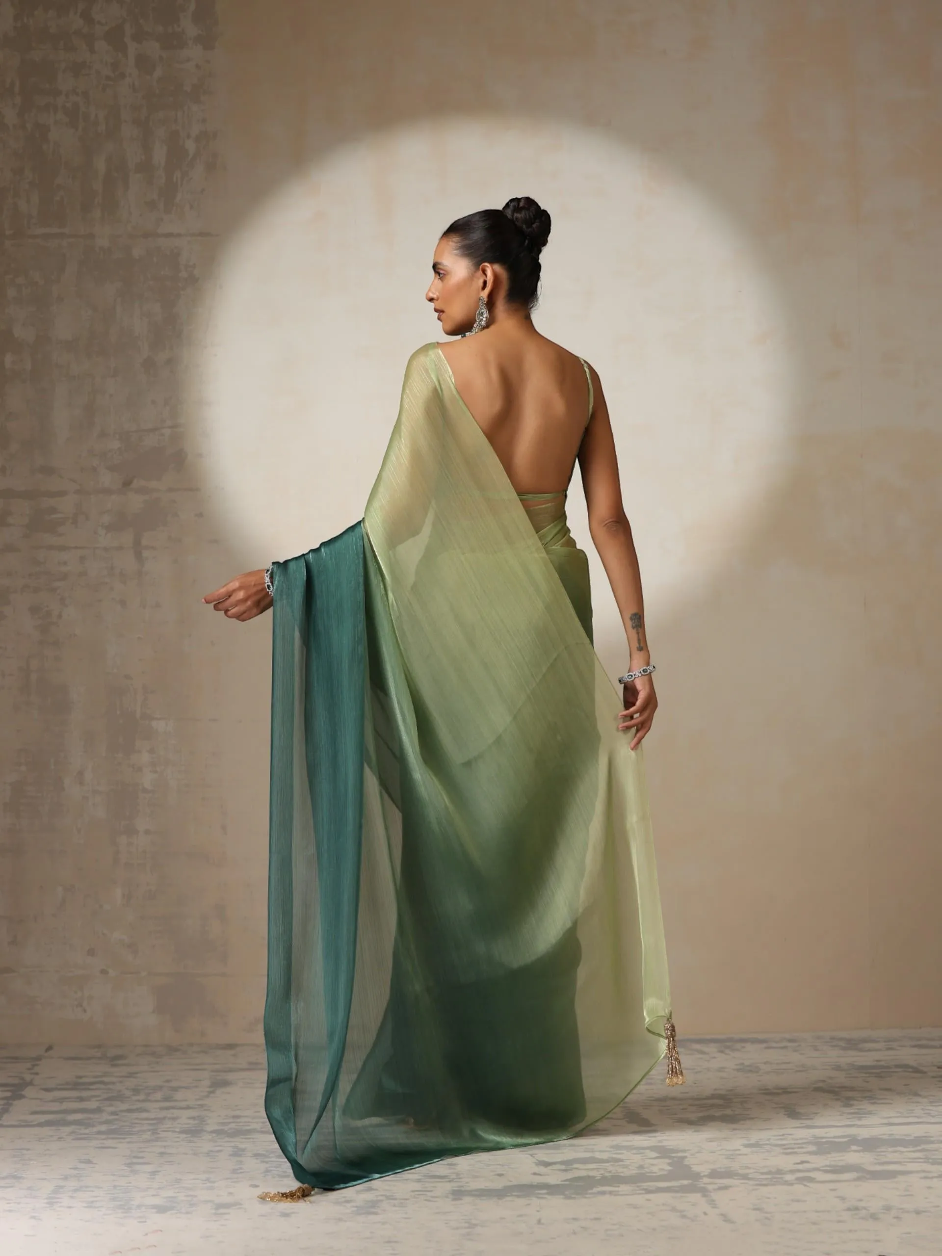 Offbeat Green Ombre Organza Saree with Pendants and Blouse Fabric