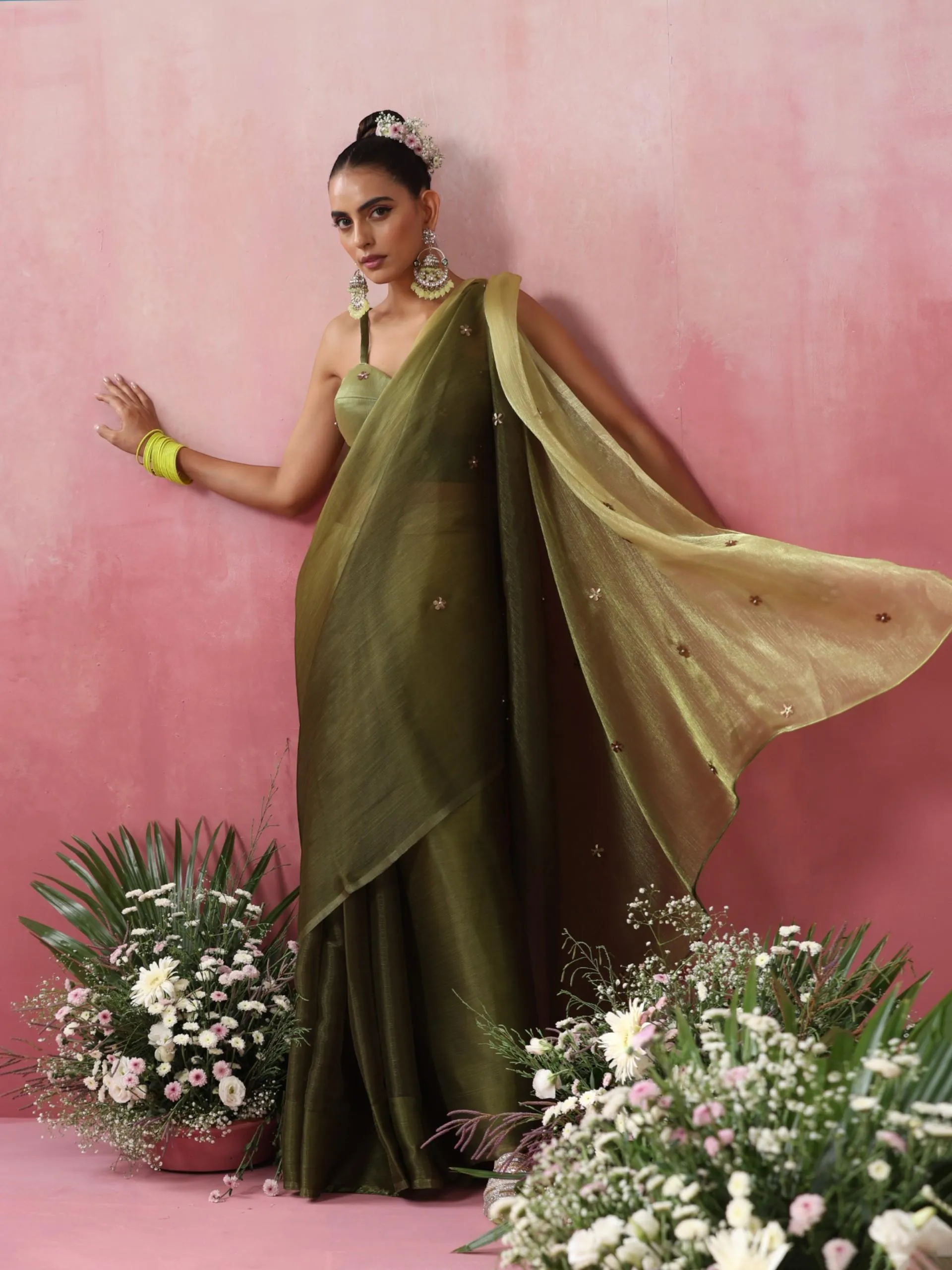 Olive Boost Ombre Organza Saree with Golden Flowers and Blouse Fabric