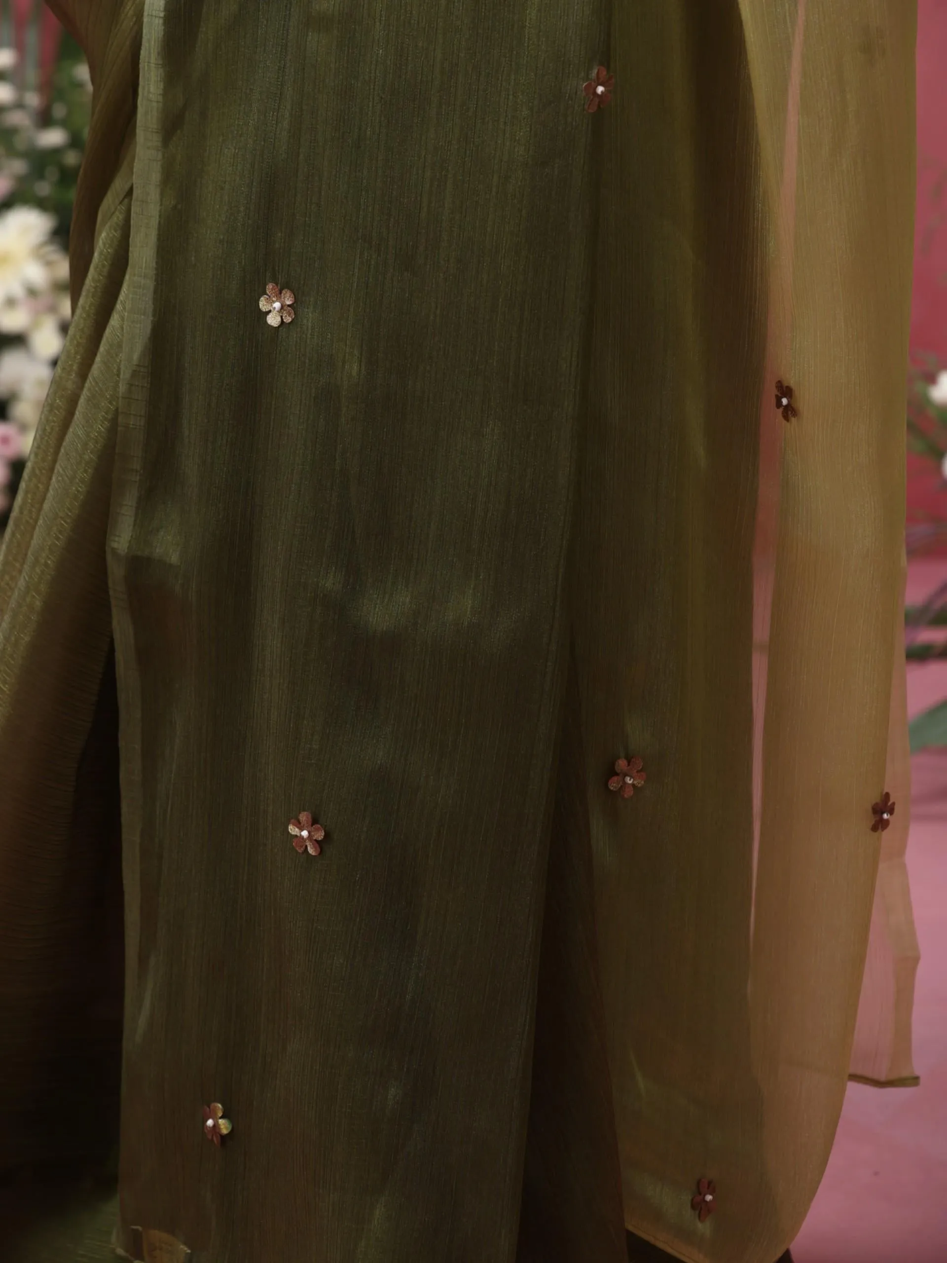 Olive Boost Ombre Organza Saree with Golden Flowers and Blouse Fabric