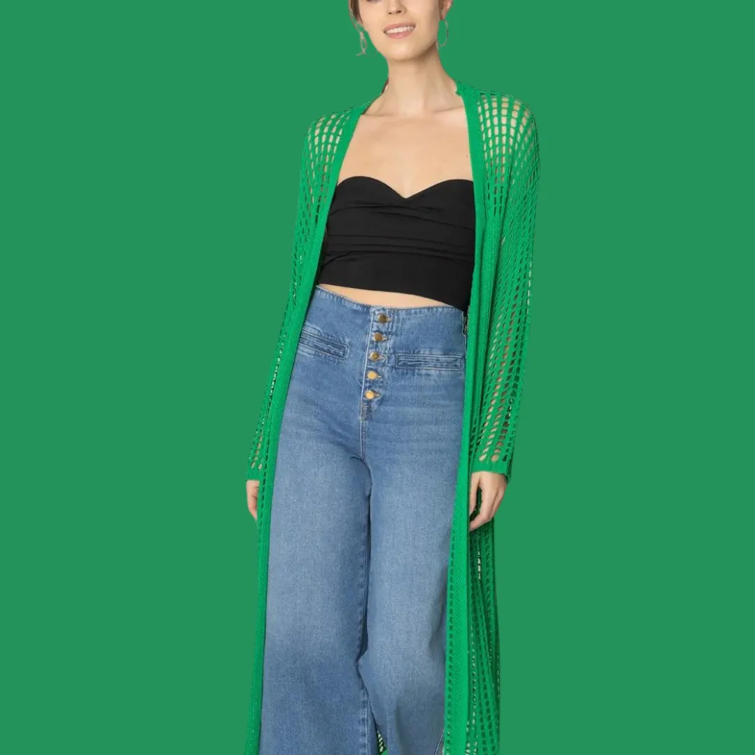 Open Front Crochet Cardigan - Green