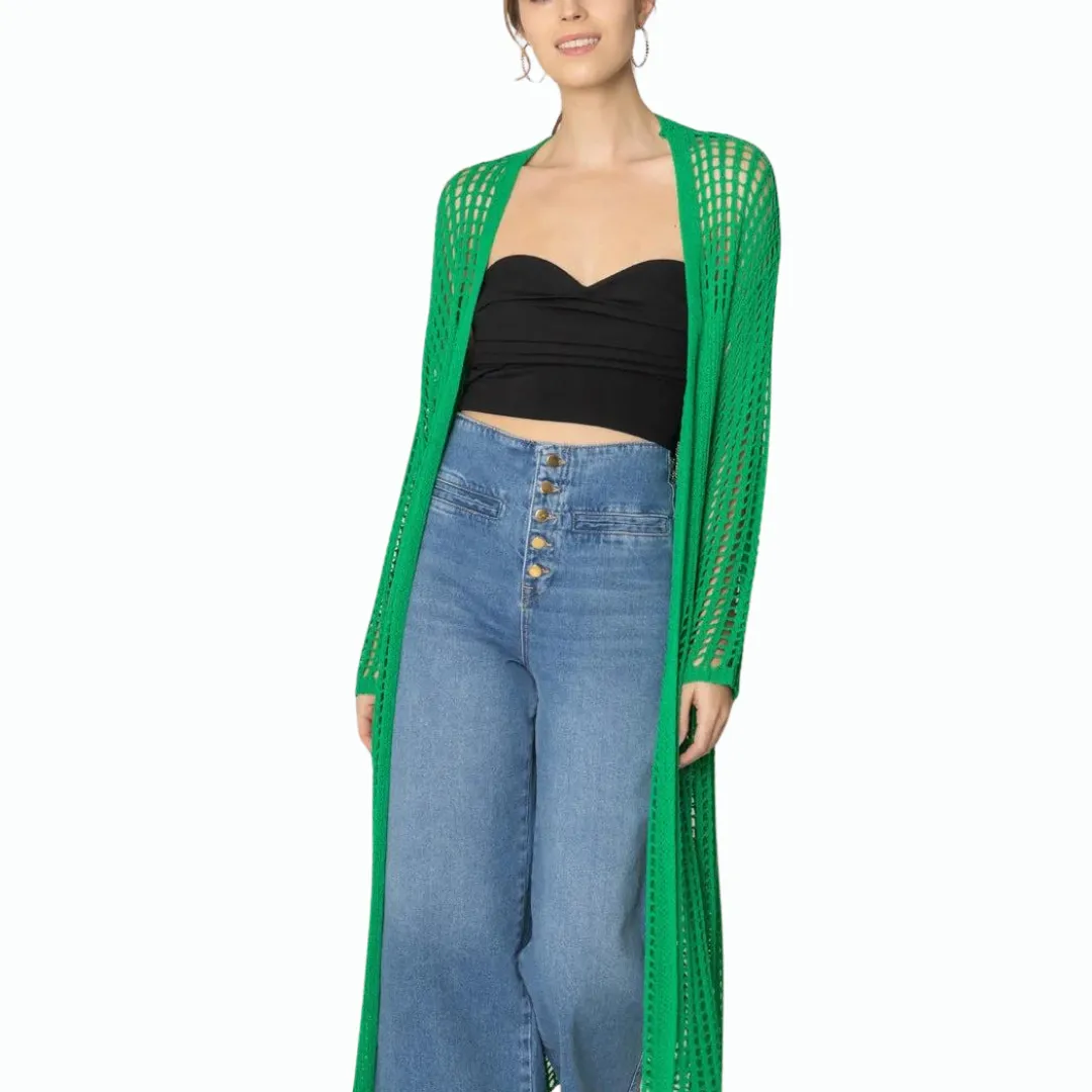 Open Front Crochet Cardigan - Green