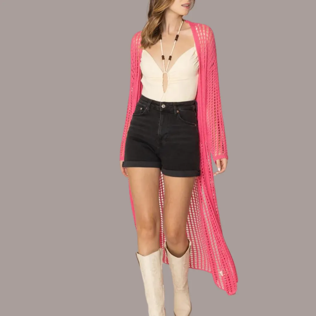 Open Front Crochet Cardigan - Pink
