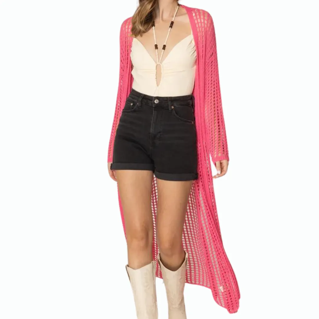 Open Front Crochet Cardigan - Pink