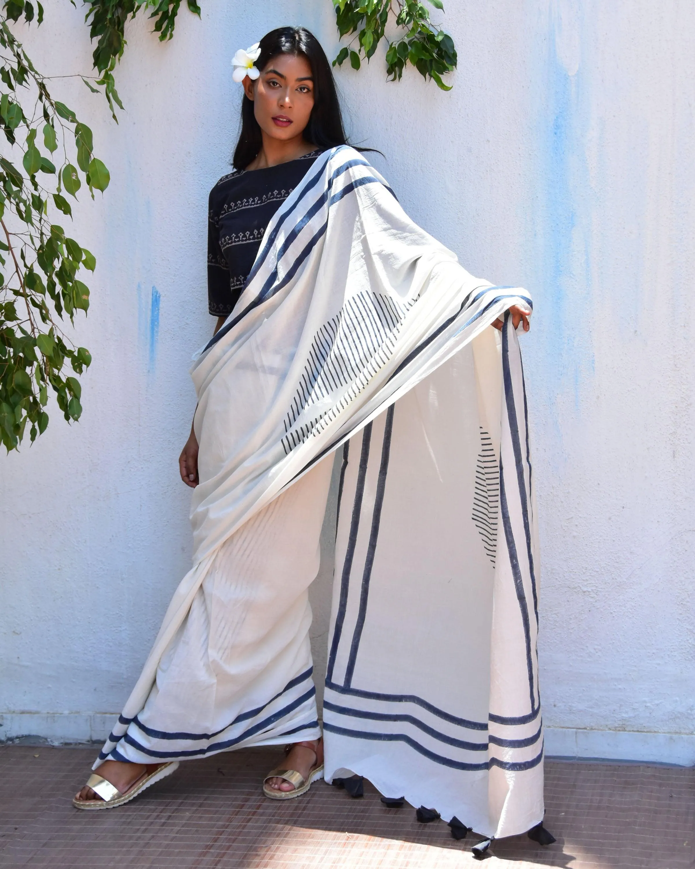 Pearl Mist Handblockprinted Mulmul Cotton Saree - Vnmn