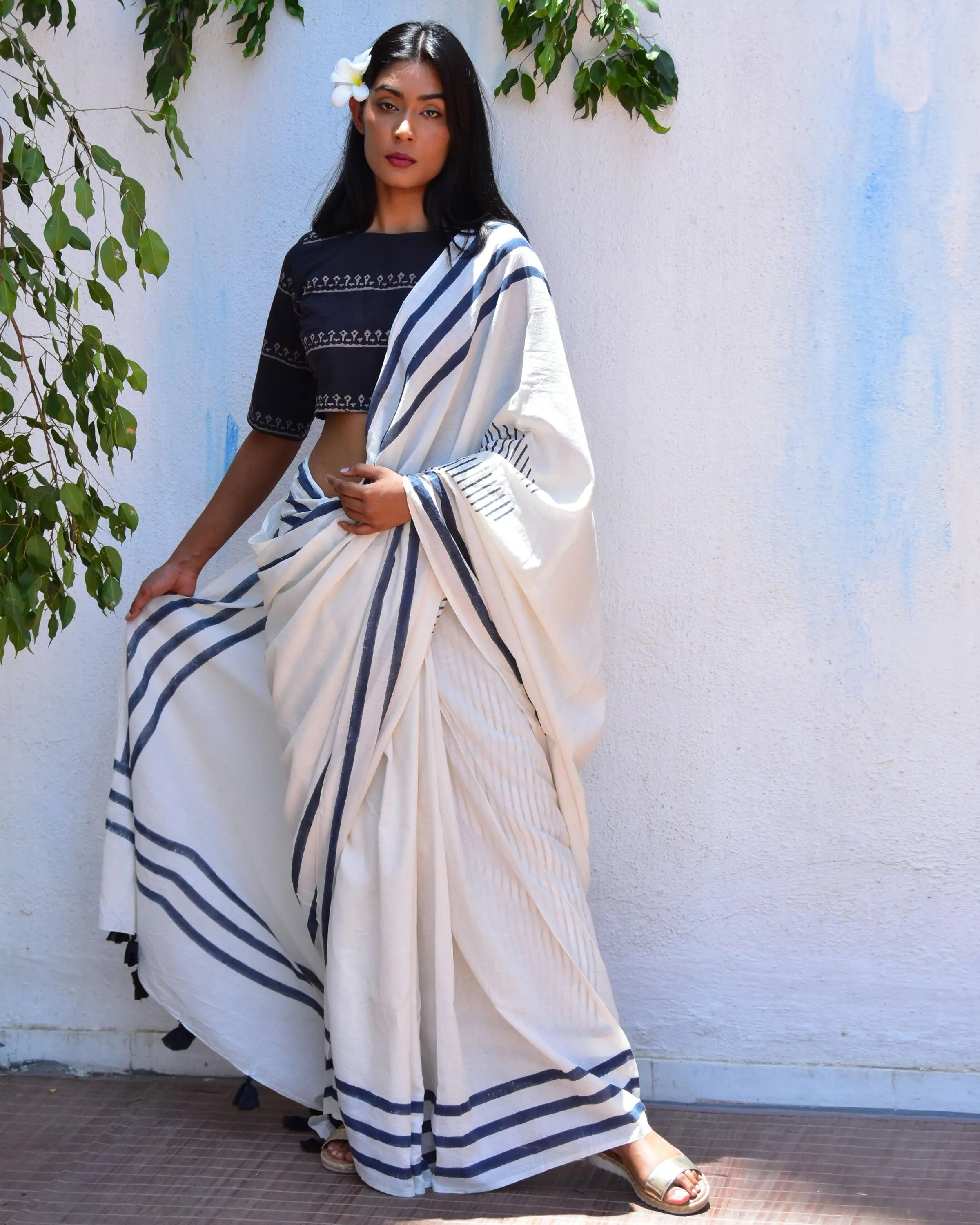 Pearl Mist Handblockprinted Mulmul Cotton Saree - Vnmn