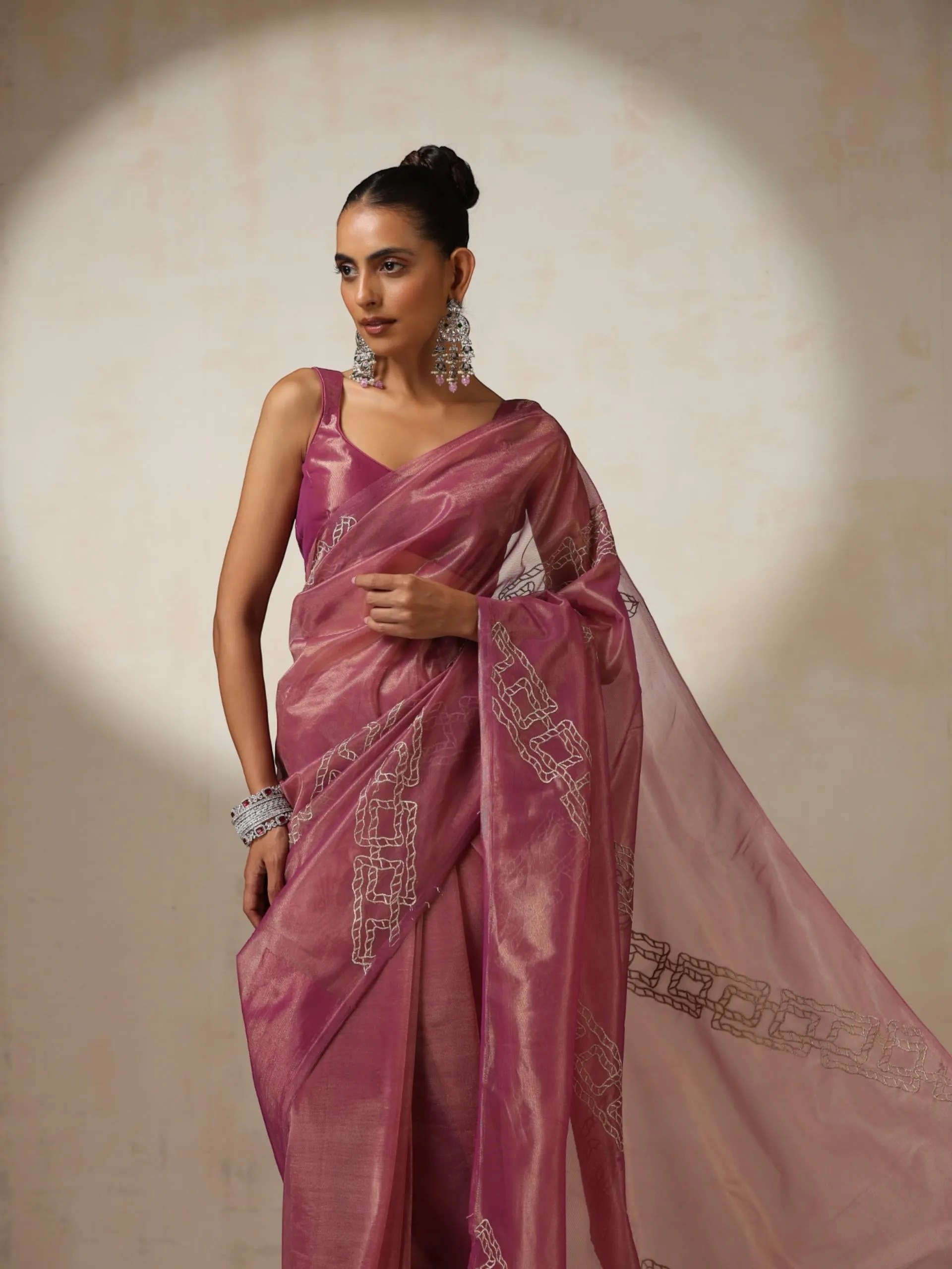 Pink Gold Soft Organza Saree with Zari Embroidery and Blouse Fabric