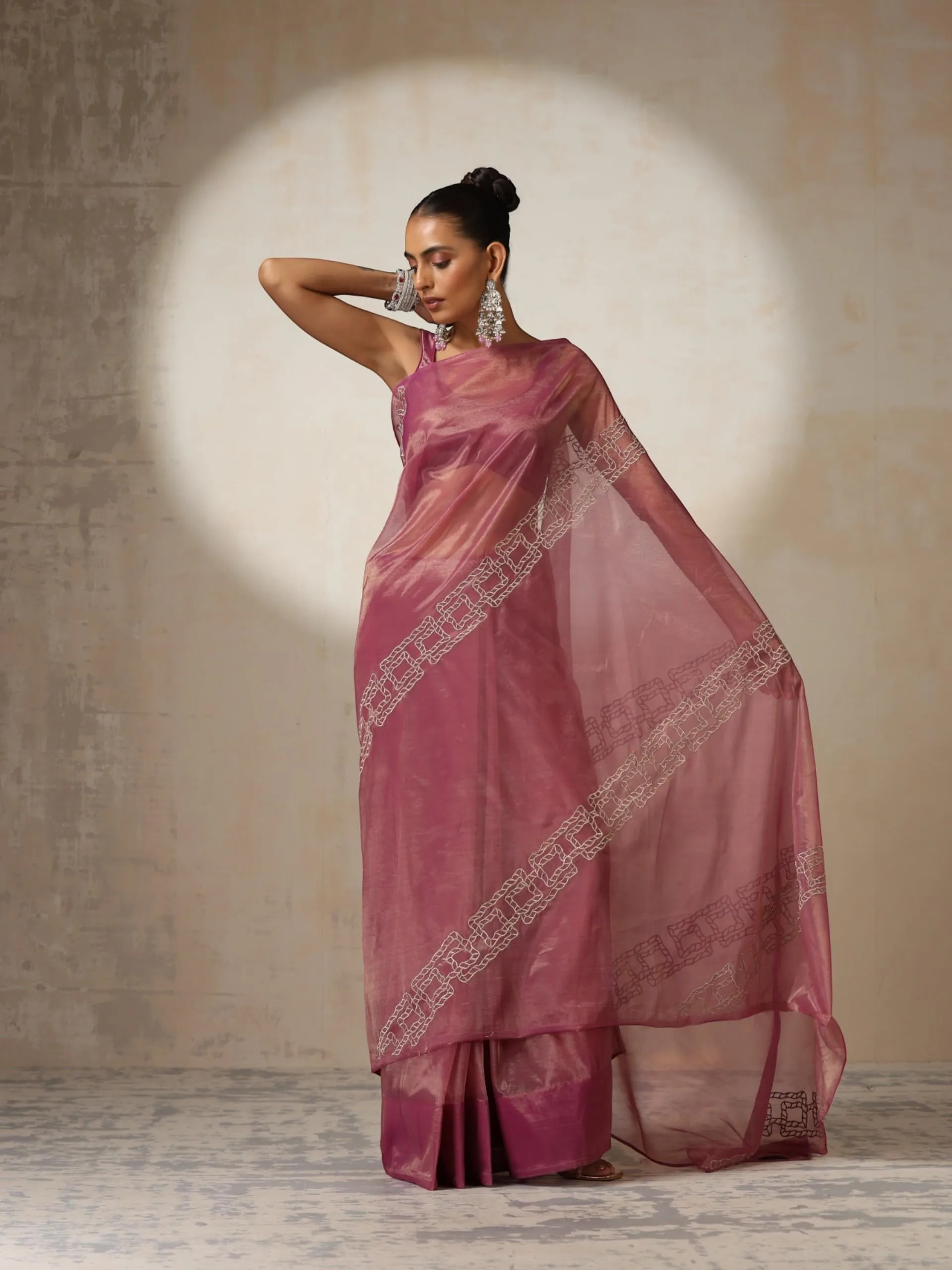 Pink Gold Soft Organza Saree with Zari Embroidery and Blouse Fabric