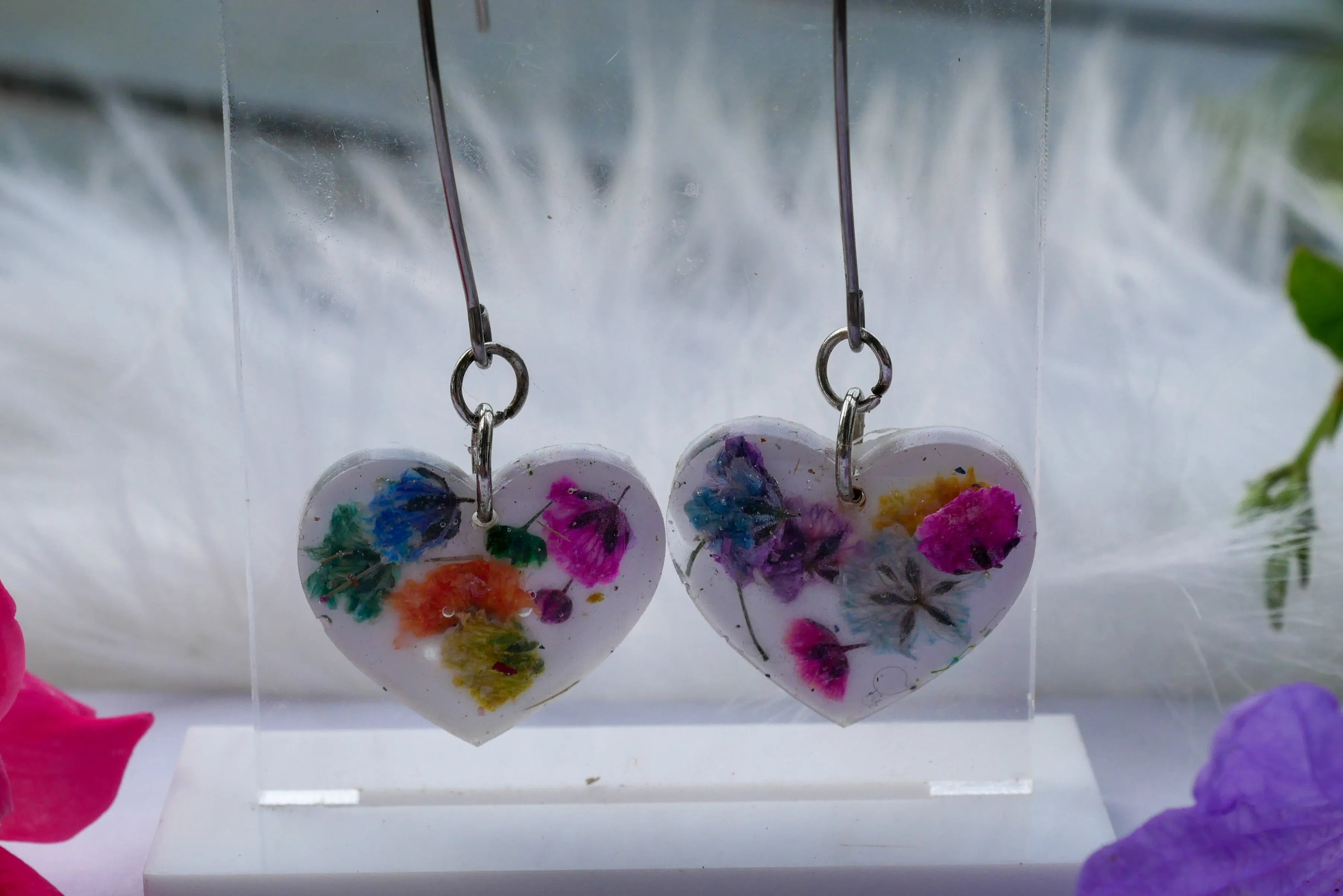Rainbow baby's breath heart long dangles