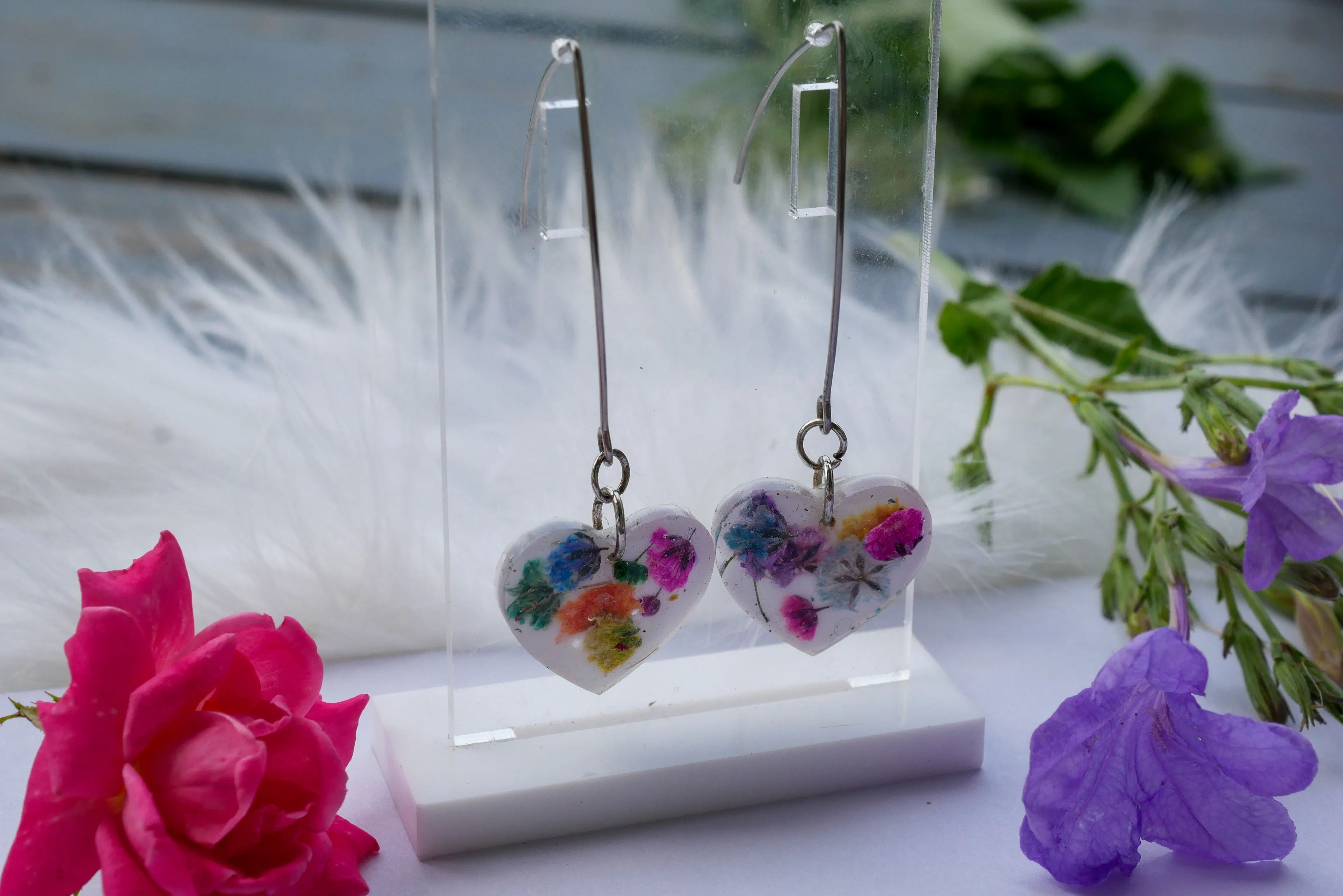 Rainbow baby's breath heart long dangles