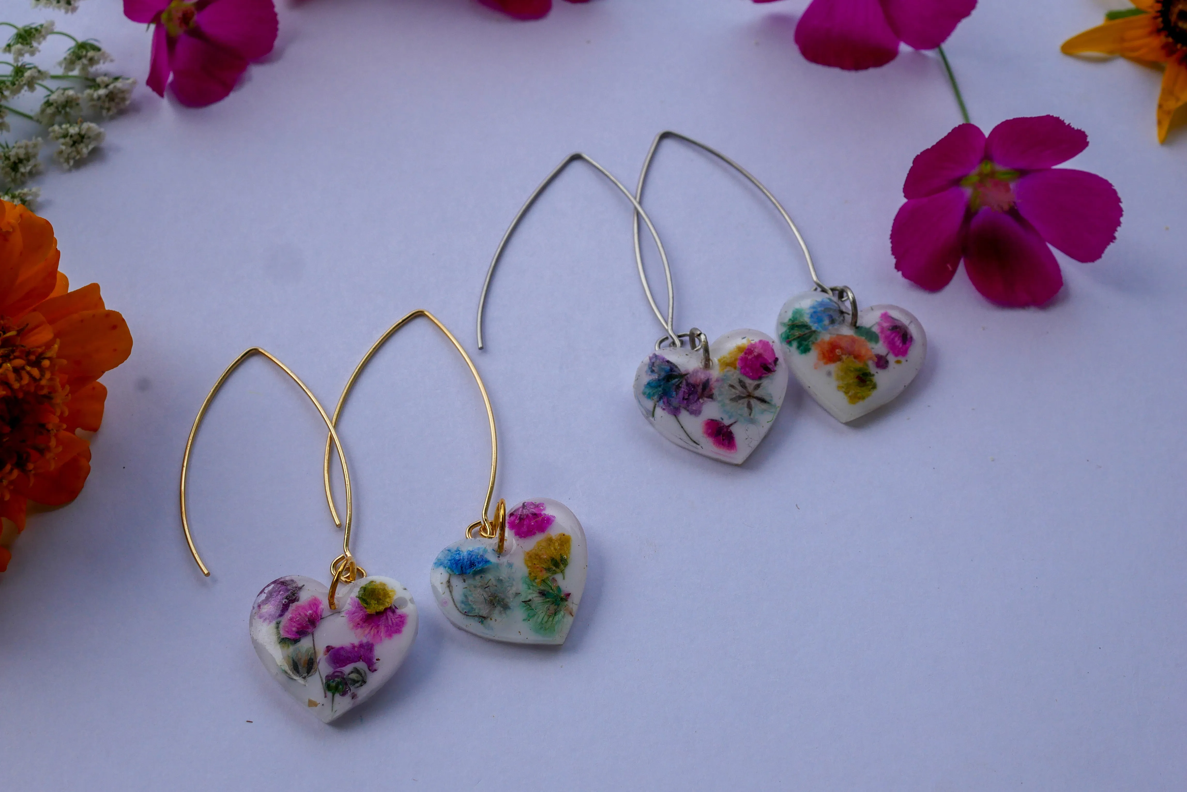 Rainbow baby's breath heart long dangles