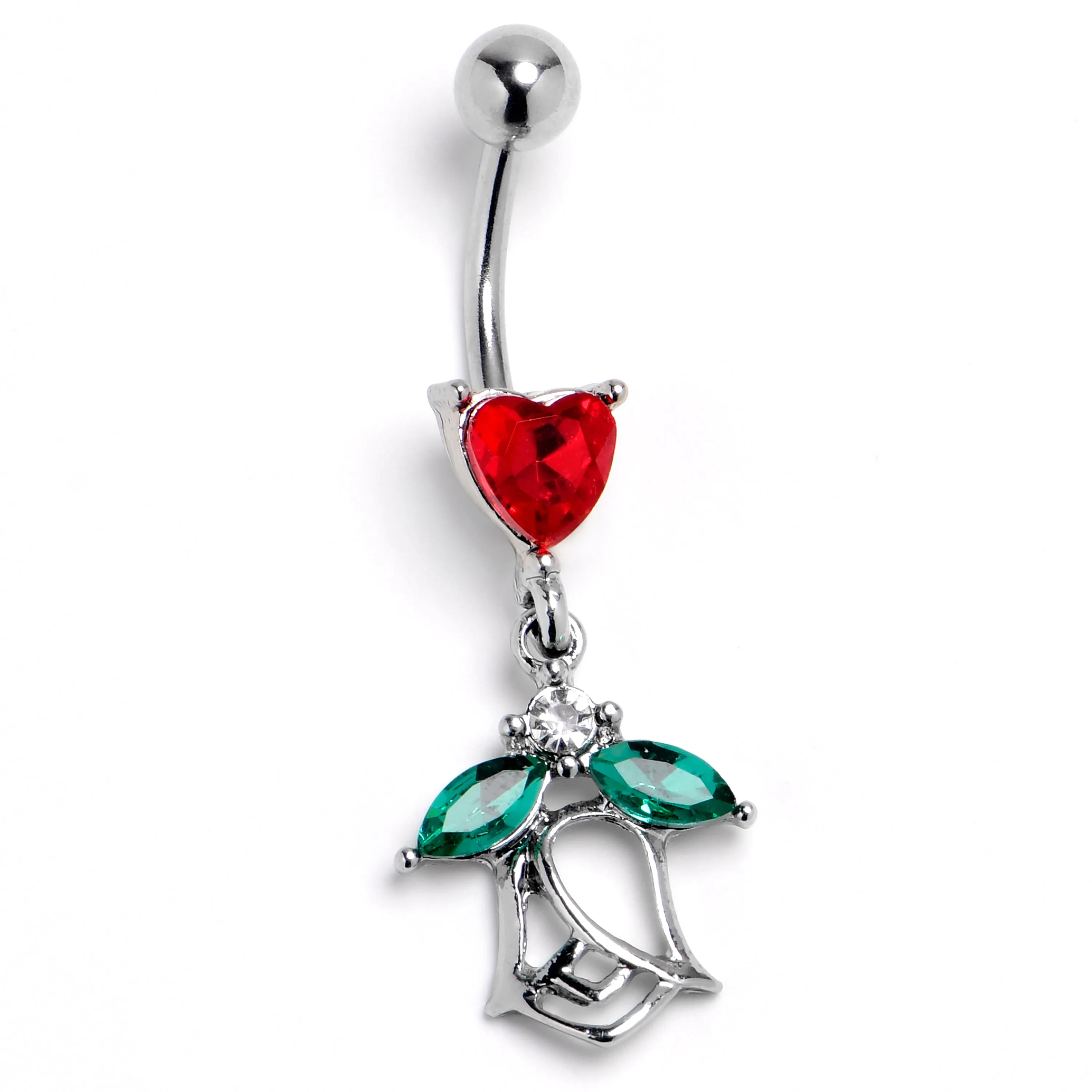Red Gem Heart And Rose Dangle Belly Ring