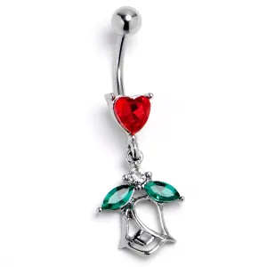 Red Gem Heart And Rose Dangle Belly Ring