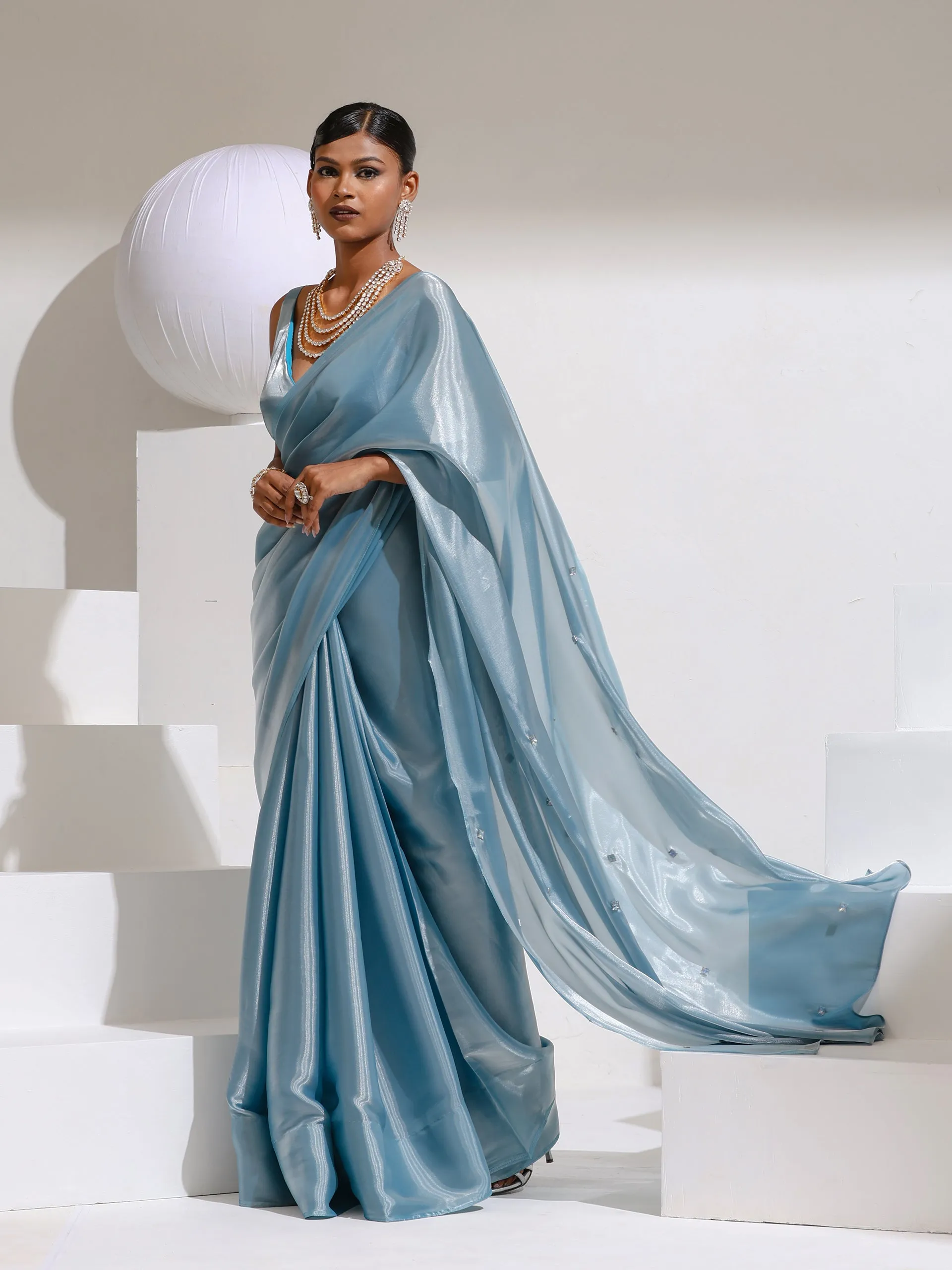 Shining Stars Sky Organza Satin Saree with Rainbow Beads and Self blouse