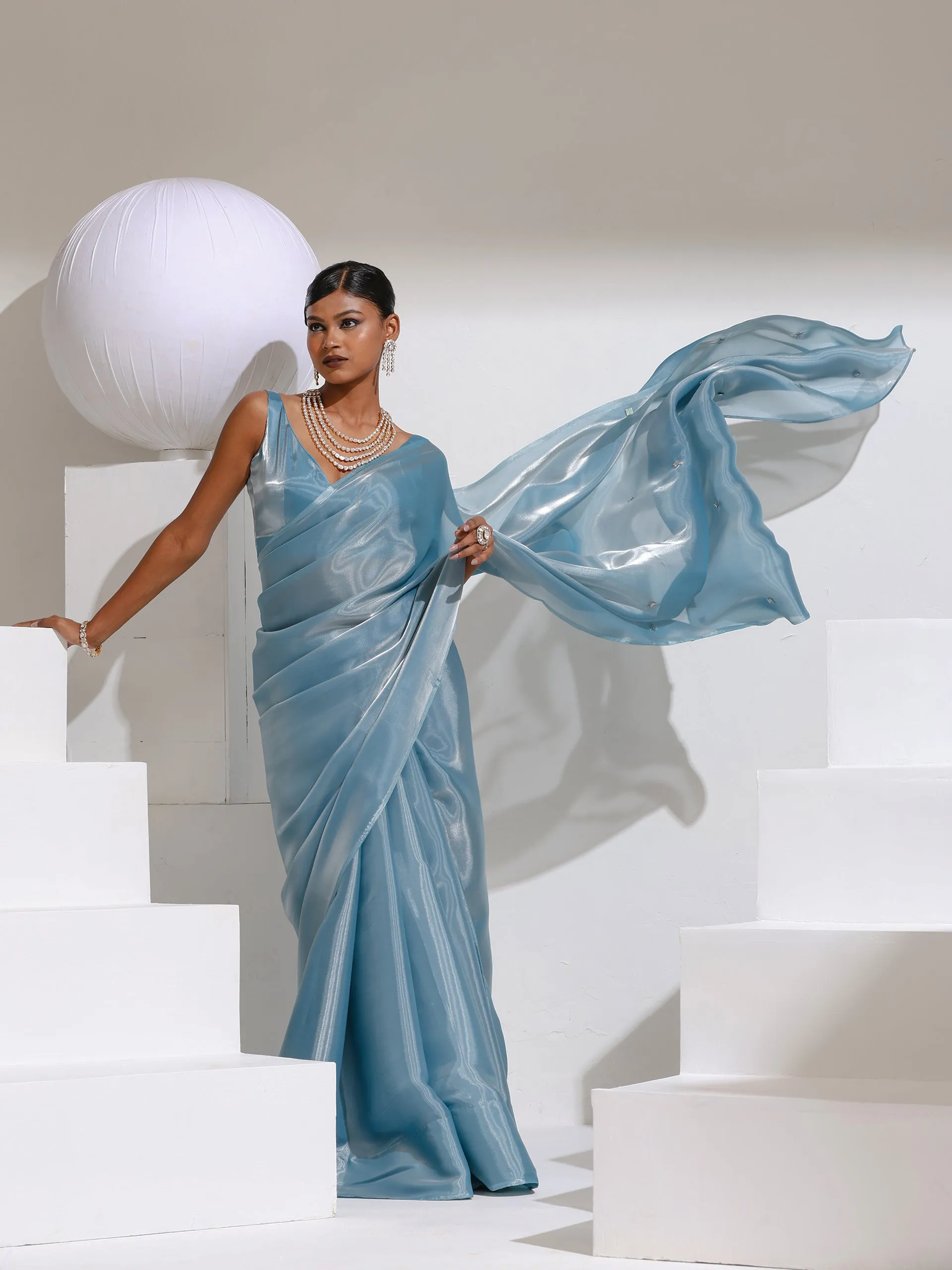 Shining Stars Sky Organza Satin Saree with Rainbow Beads and Self blouse