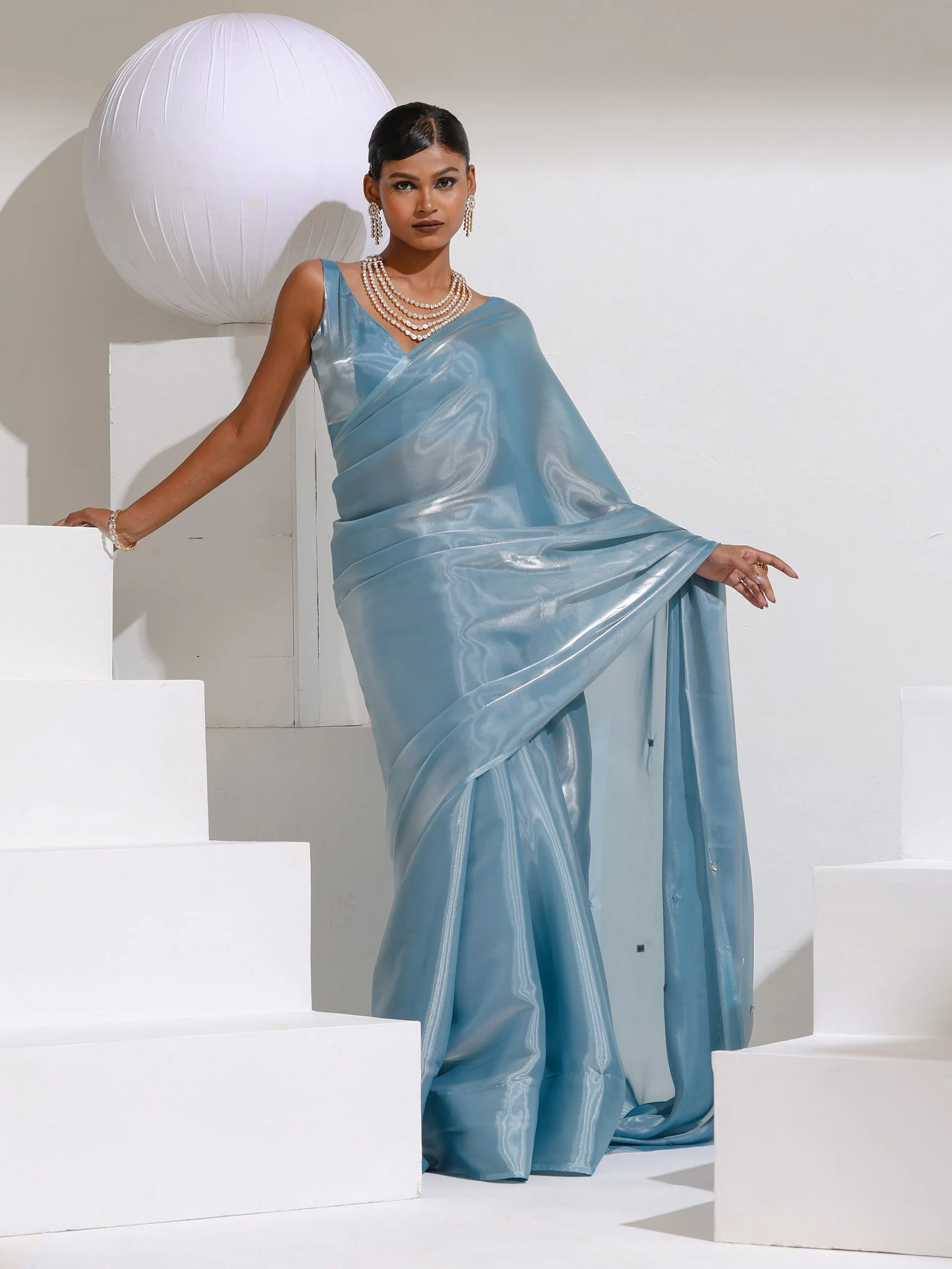 Shining Stars Sky Organza Satin Saree with Rainbow Beads and Self blouse