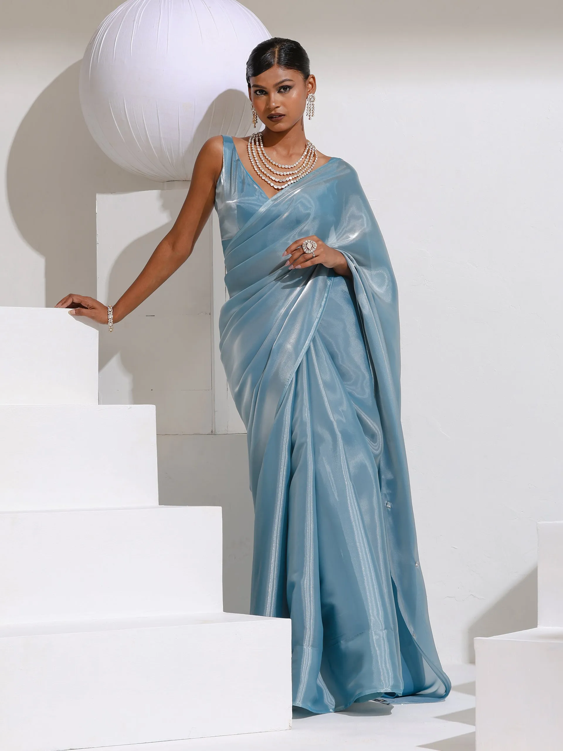 Shining Stars Sky Organza Satin Saree with Rainbow Beads and Self blouse
