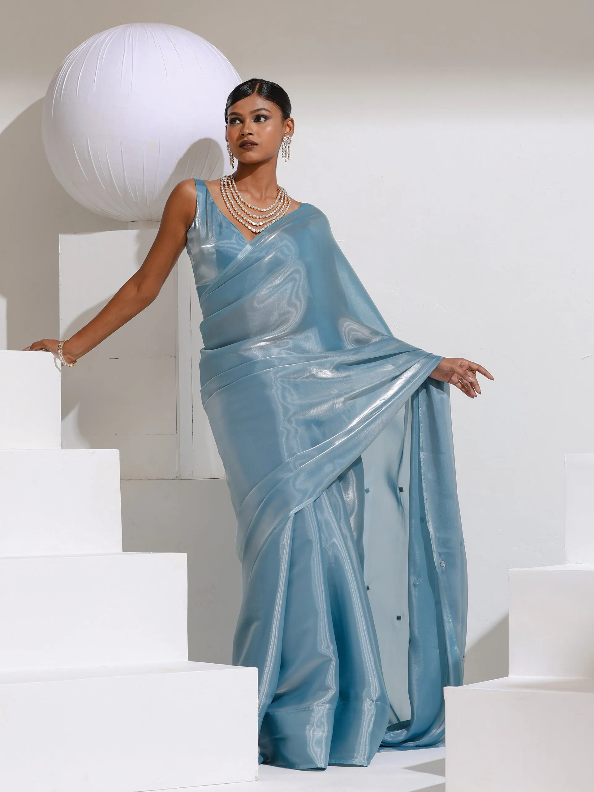 Shining Stars Sky Organza Satin Saree with Rainbow Beads and Self blouse