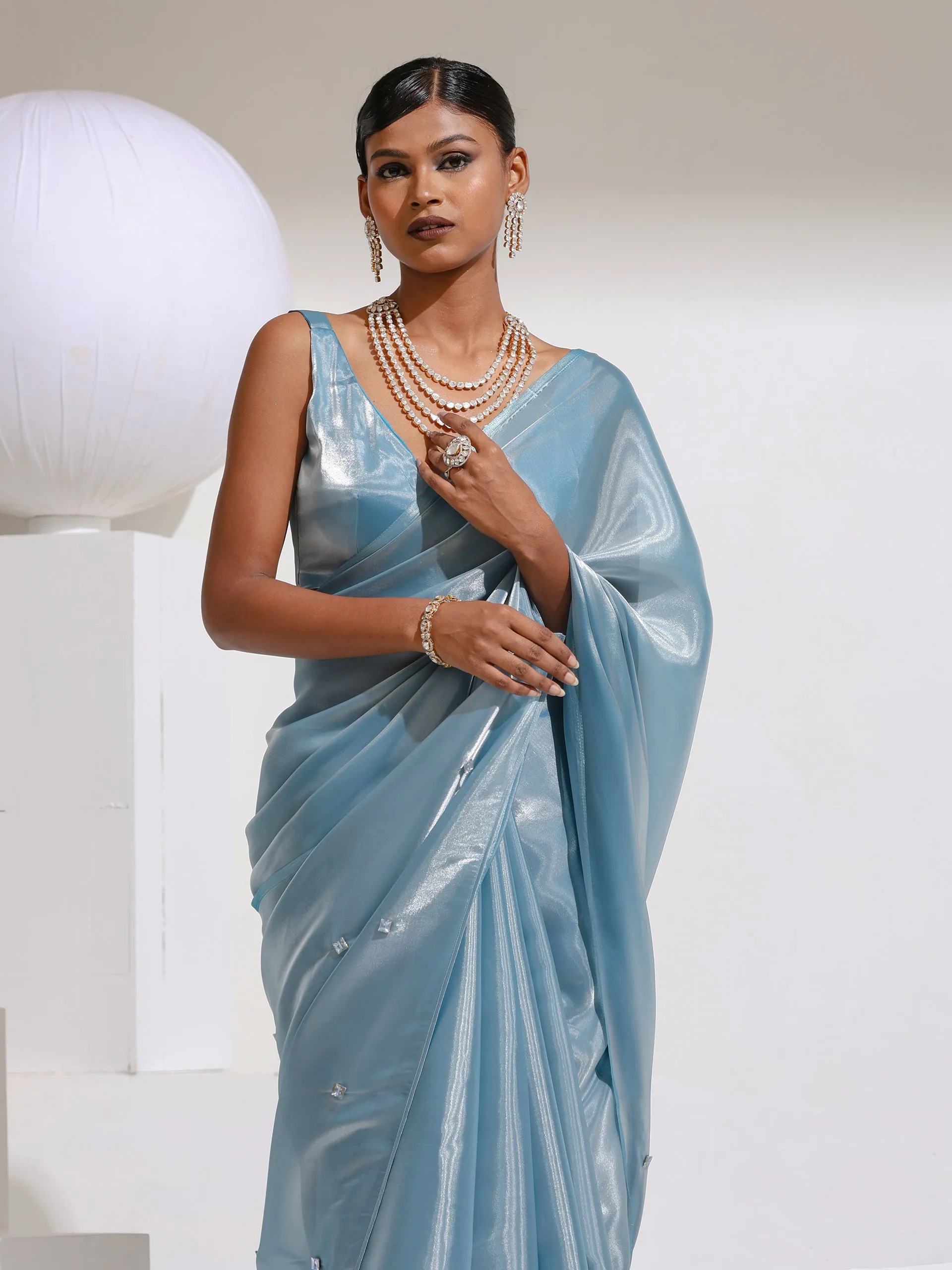 Shining Stars Sky Organza Satin Saree with Rainbow Beads and Self blouse