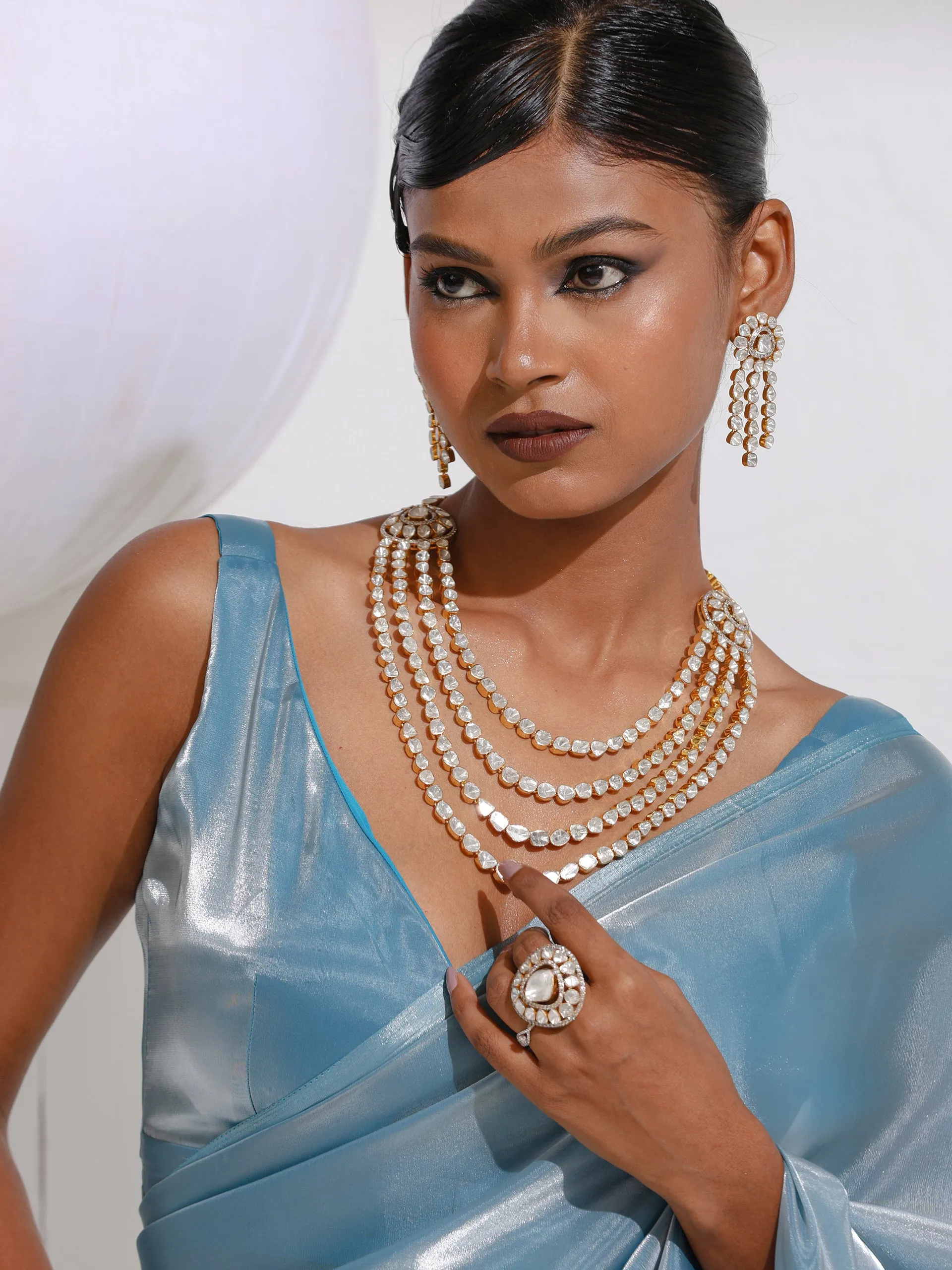 Shining Stars Sky Organza Satin Saree with Rainbow Beads and Self blouse