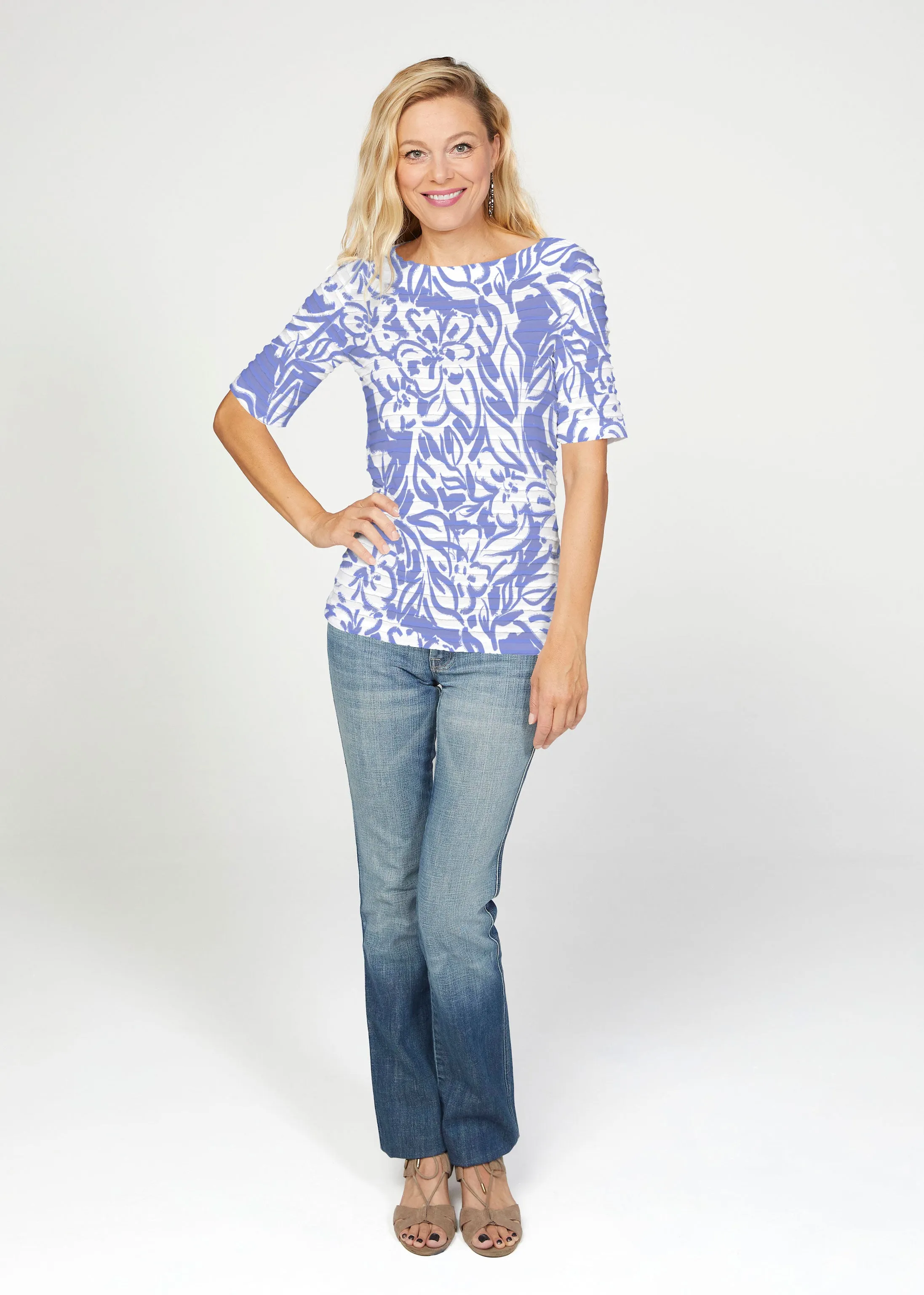 Summer Breeze Perri (8164) ~ Banded Elbow Sleeve Boat Neck Top